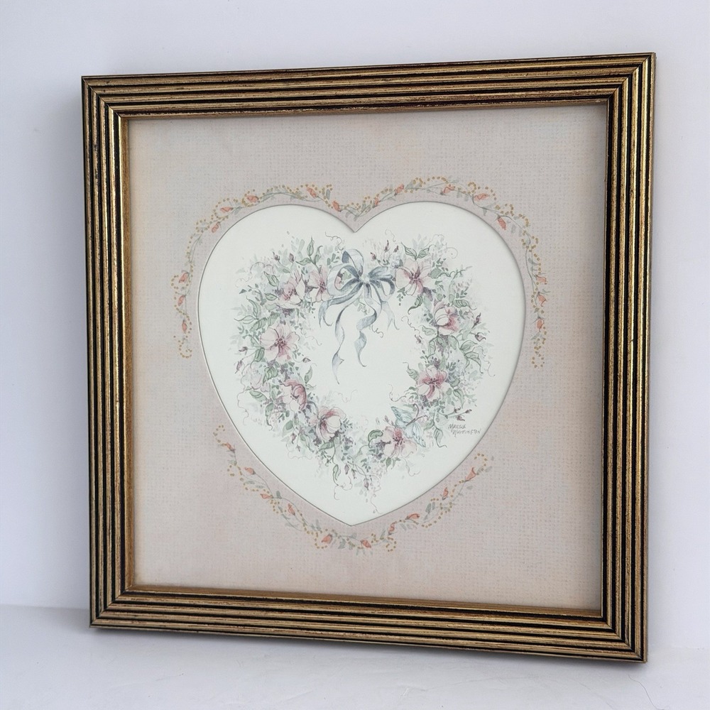 VTG HOMCO Home Interiors Floral Heart Picture with Gold Frame 90s Cottagecore